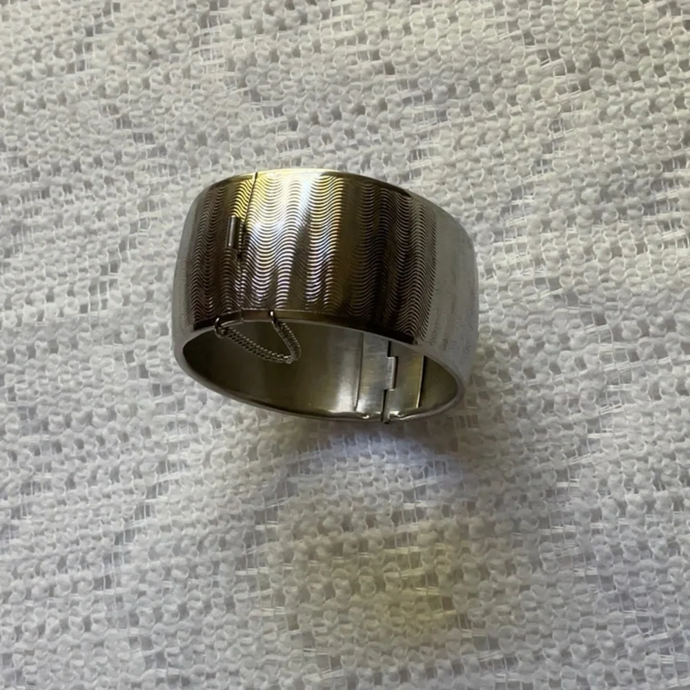Silver Hinged Cuff Bracelet Wave Texture